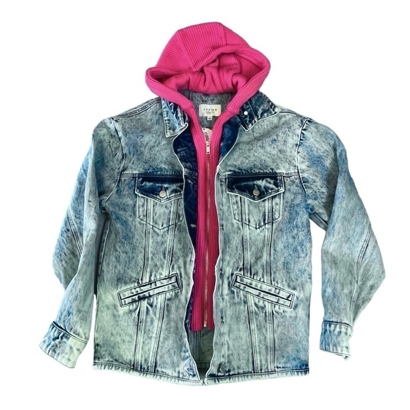 Samantha Sipos Zinna Denim Trucker Jean Jacket Knit Hood. Acid Wash Blue XS #901 - Picture 2 of 6